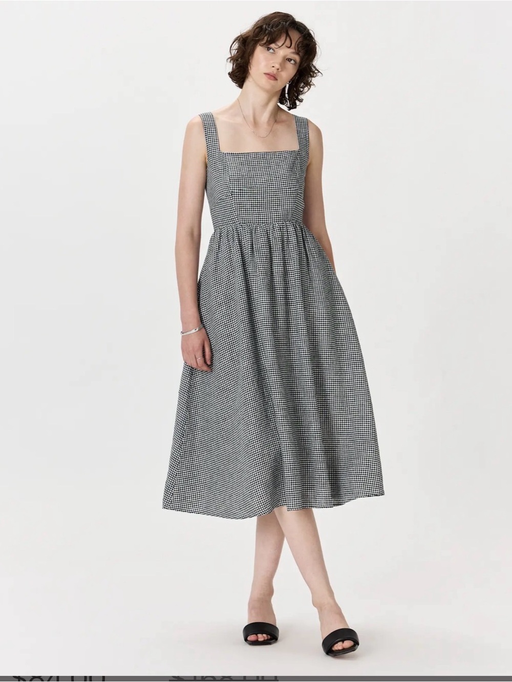 Quince 100% European Linen Black and White Gingham Midi Dress